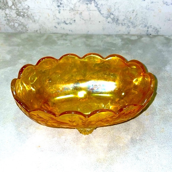 Carnival Glass Iridescent Small Candy Dish Vintage Jeanette Amber Floral Pattern - Picture 12 of 12